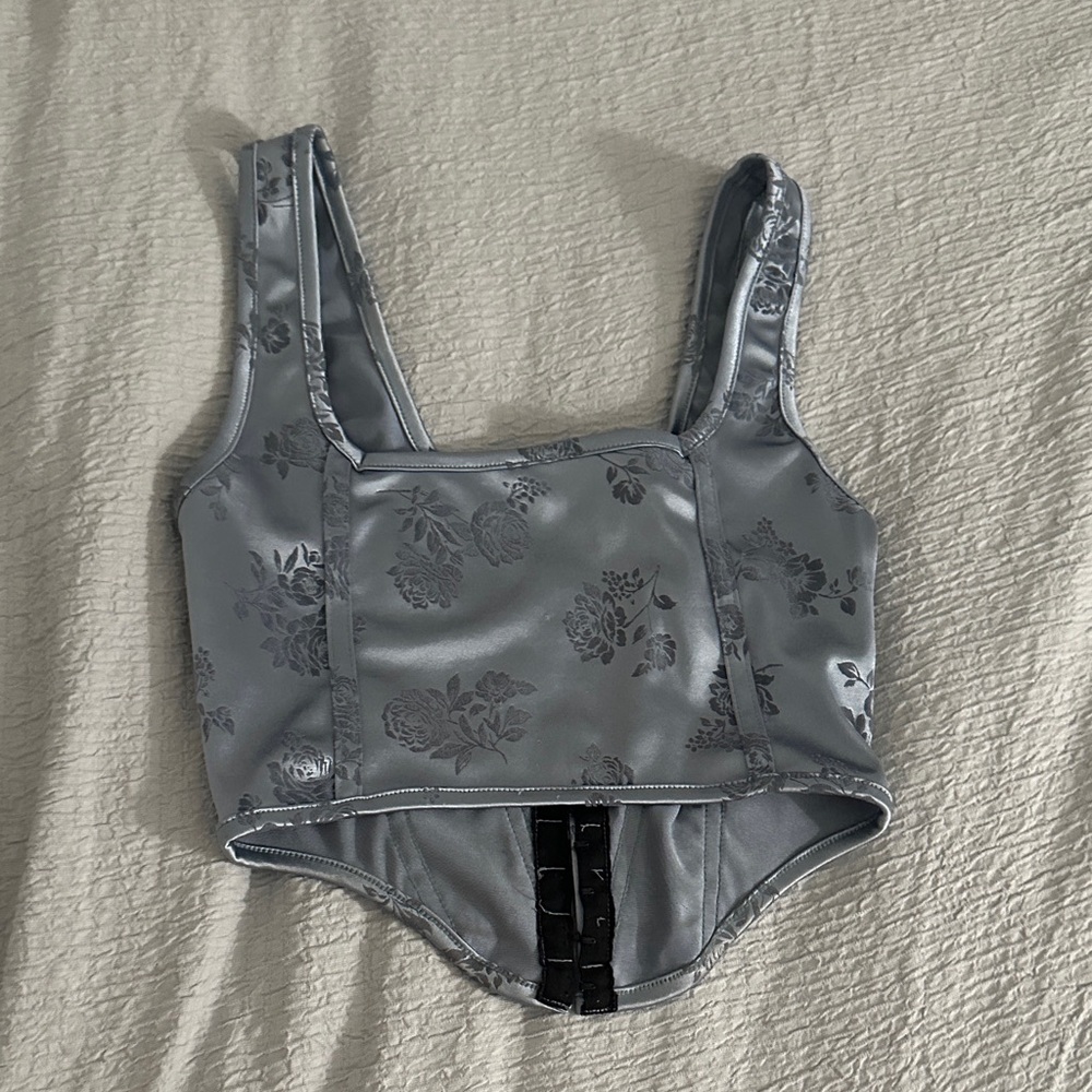 Motel Rocks Metallic Blue Floral Crop Top - Picture 3 of 3